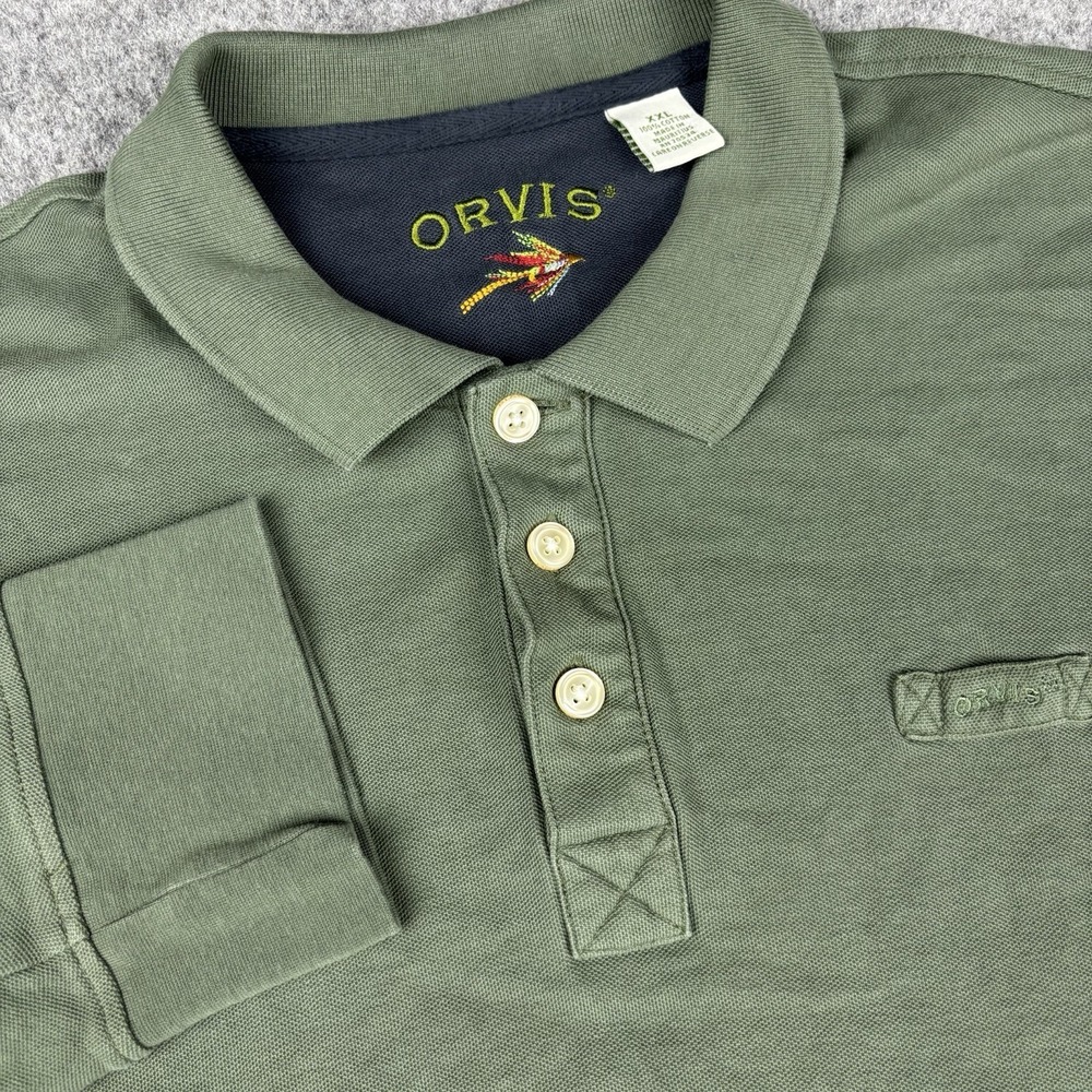 Orvis Polo Shirt Mens Xxl Long Sleeve Green Logo Outdoor Casual Thick Cotton EUC